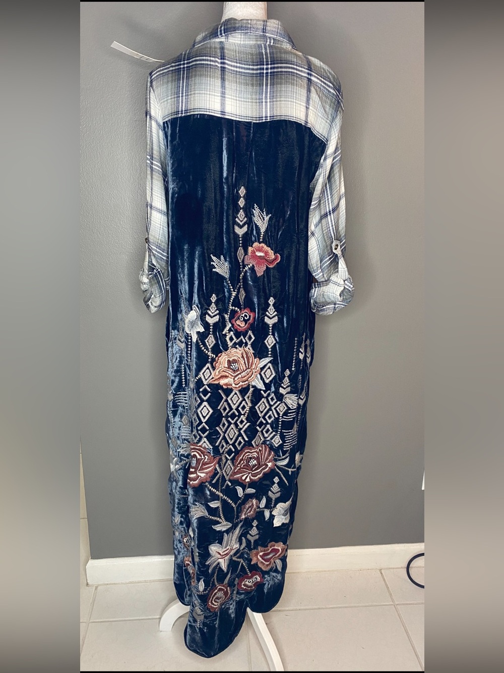 NWT! Karyn Seo Mixed Media Plaid Velvet Embroidered Shirt Dress Duster - Size M
